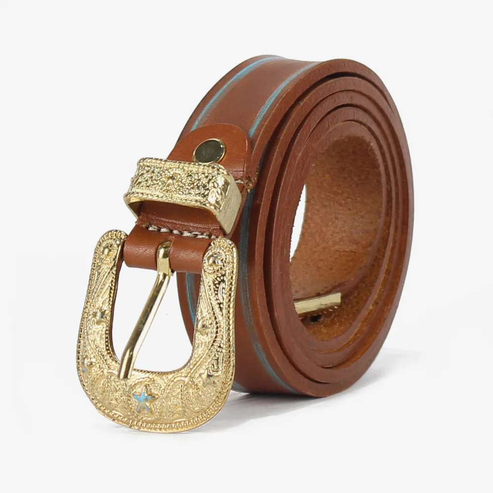 Cintura in cuoio con righe celesti dipinte