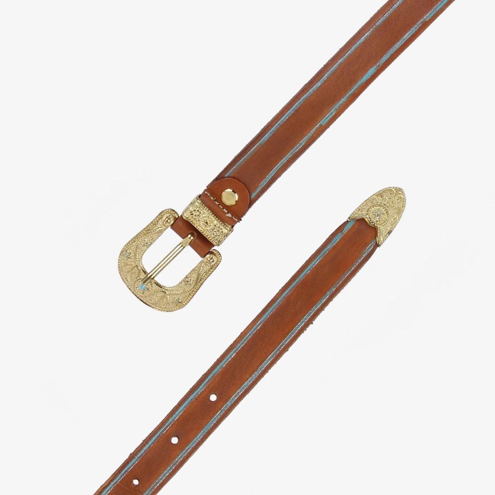 Cintura in cuoio con righe celesti dipinte