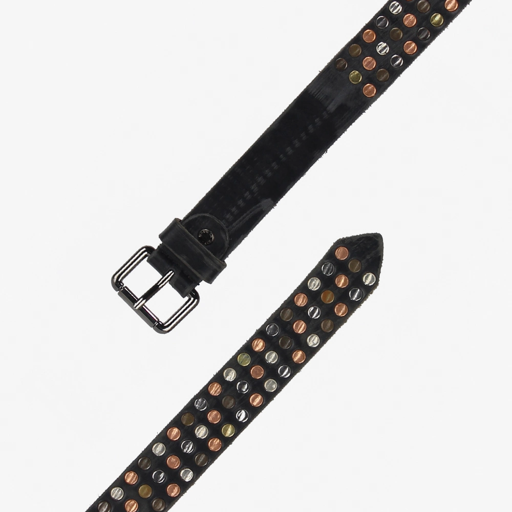 Cintura da uomo in cuoio con microborchie oro e argento