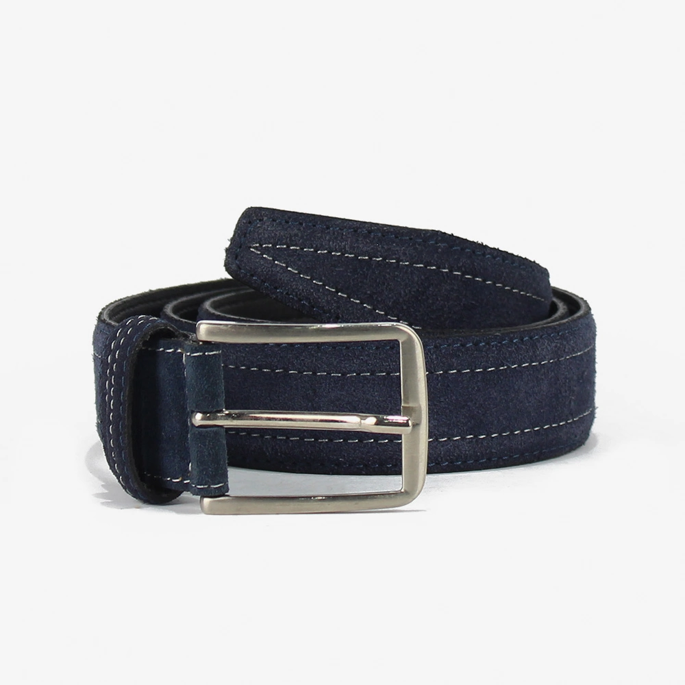 Cintura in camoscio di colore blu con cuciture centrali in contrasto