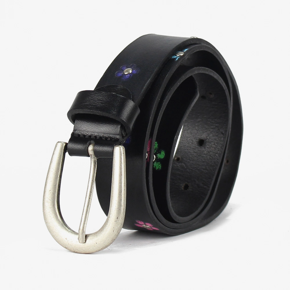 Cintura in cuoio di colore nero con fiorellini disegnati
