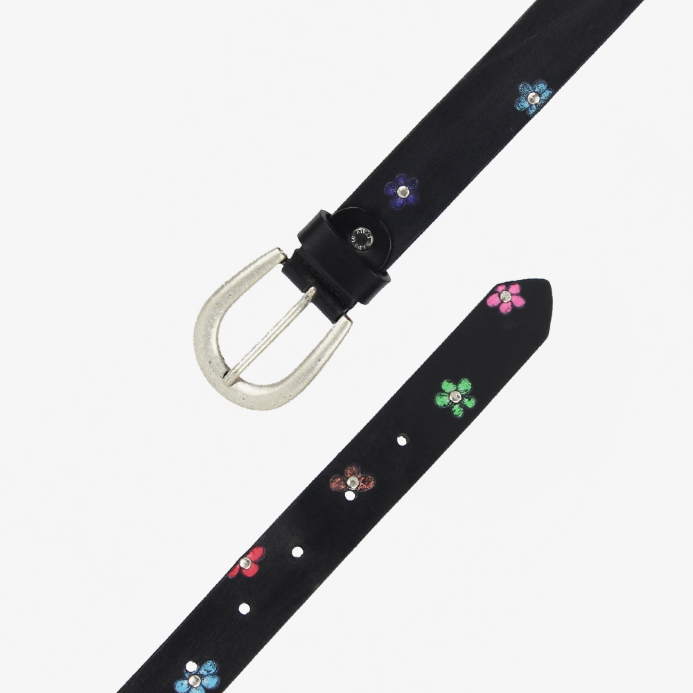 Cintura in cuoio di colore nero con fiorellini disegnati