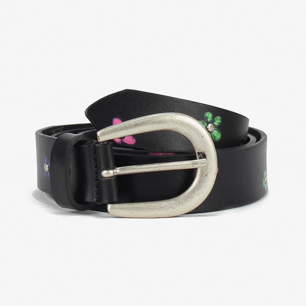 Cintura in cuoio di colore nero con fiorellini disegnati