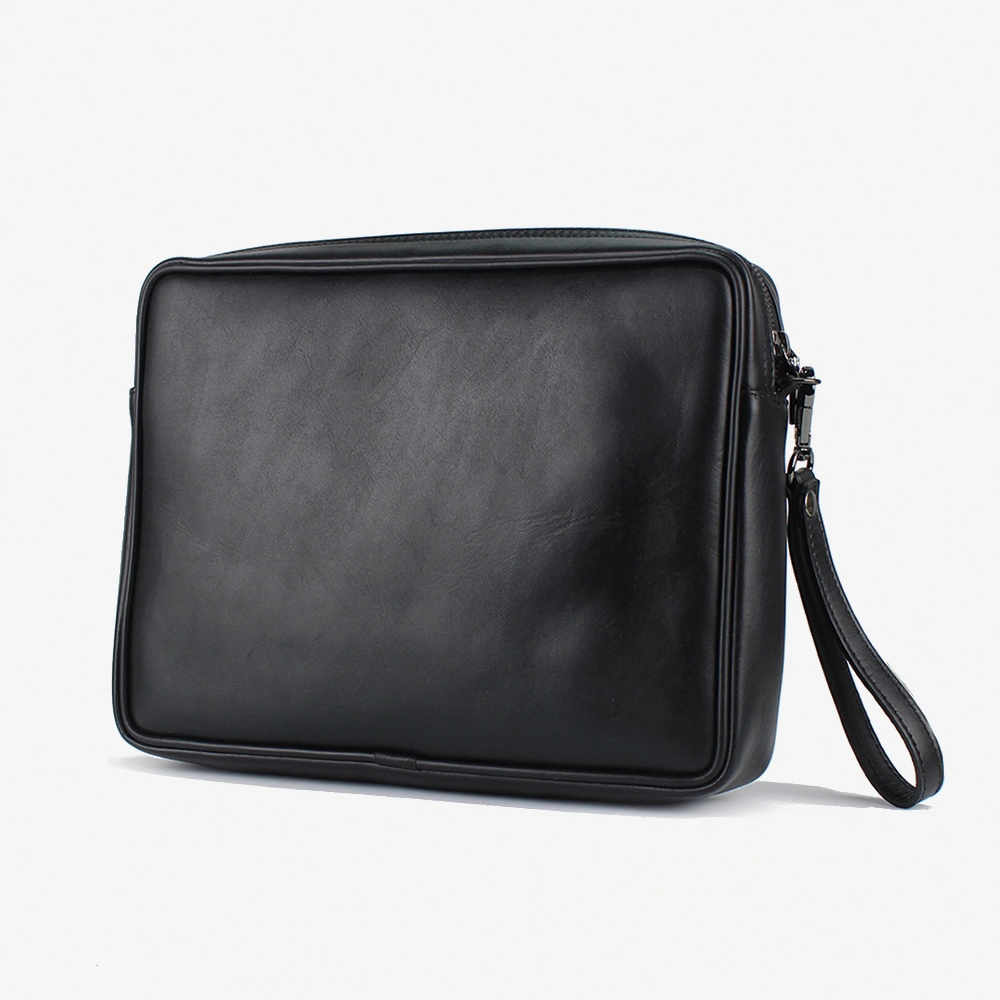 Pochette in pelle di colore nero grande con gancio da polso