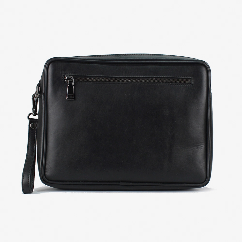 Pochette in pelle di colore nero grande con gancio da polso