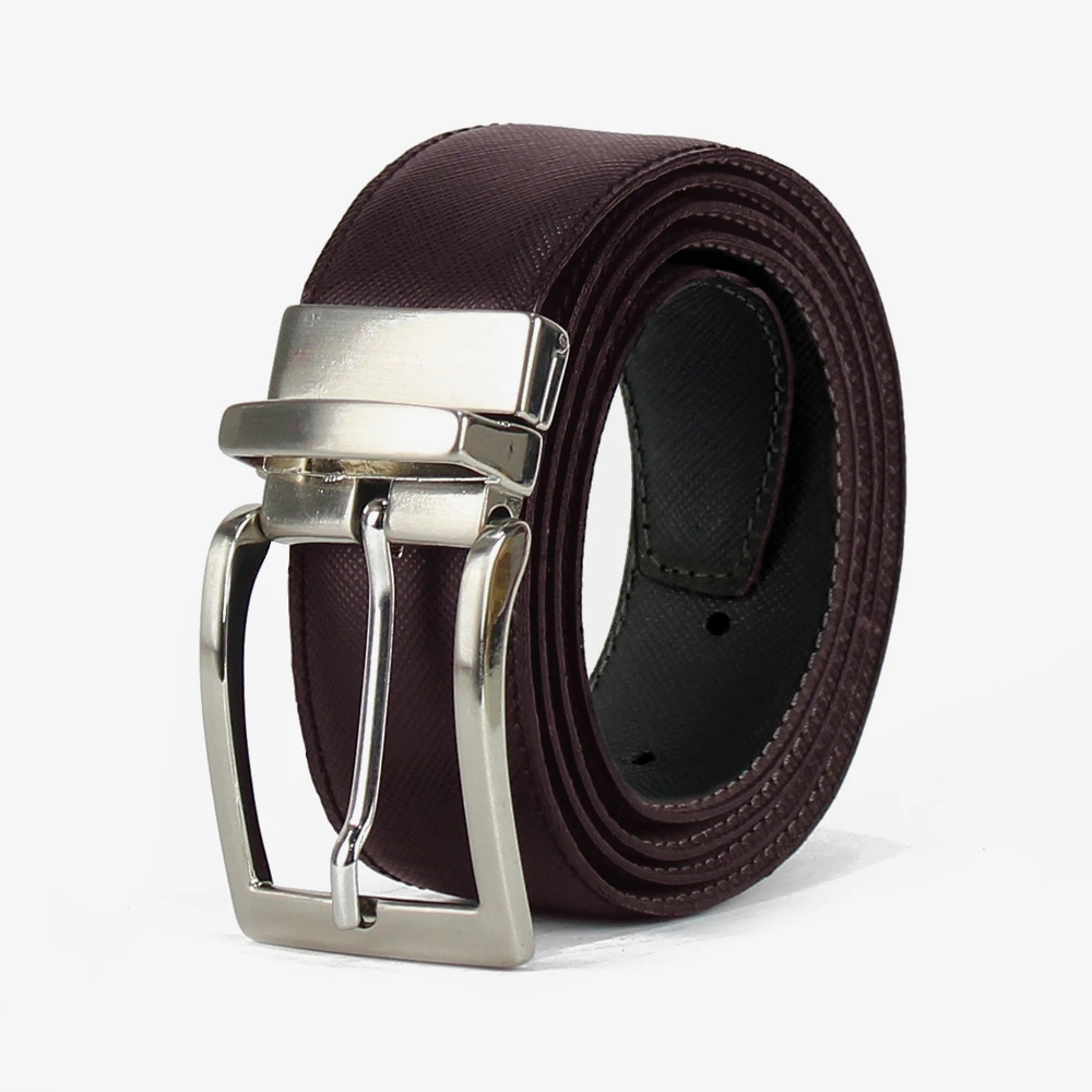 Cintura reversibile in pelle saffiana di colore nero e bordeaux