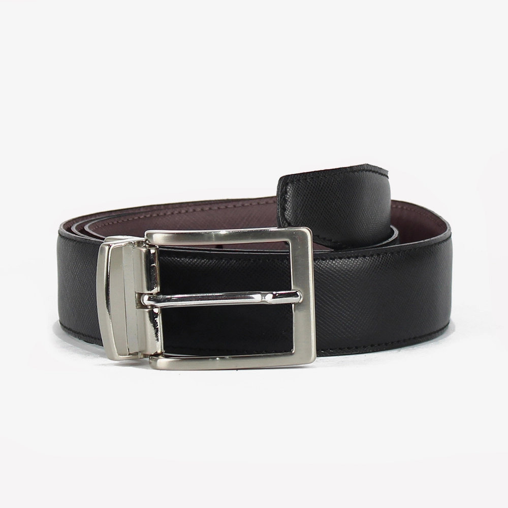 Cintura reversibile in pelle saffiana di colore nero e bordeaux